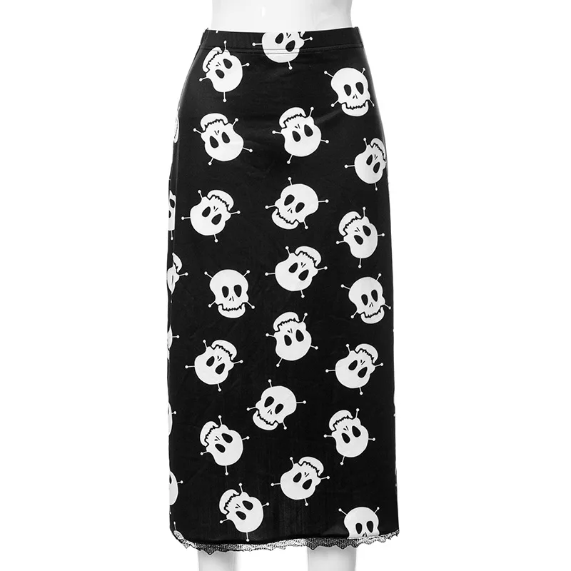 

HOUZHOU Goth High Waist Print Lace Long Skirts Women Y2K Fashion Elastic Waist Midi Skirt Summer Harajuku Halloween Cosplay Emo