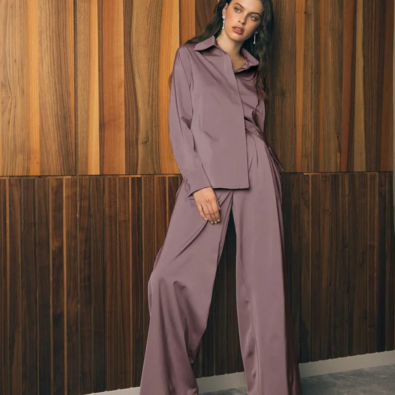 

Satin Pajamas Set Women 2 Pieces Suit Long Sleeve Buttons Shirt Top Casual Loose Wide Leg Pants Solid Satin Homewear Spring 2022