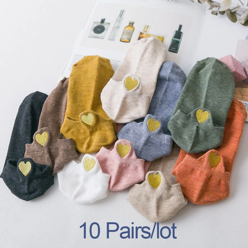 10 Pairs Новые носки с принтом в форме сердца женские японские хлопковые носки короткие носки с вышивкой Золотое сердце 10 пар в партии - Цвет: 10 Pairs