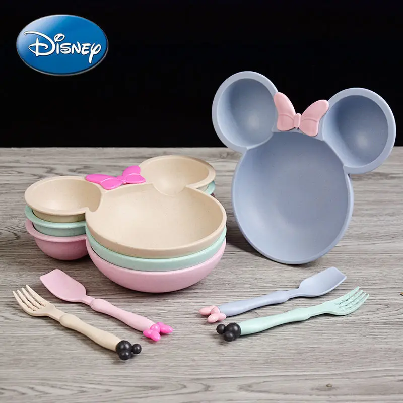 

Disney Mickey Mouse Minnie Wheat Spoon Three Piece Set Household Children's Cutlery Cute Cartoon Grid Plate Fork Spoon Dishes