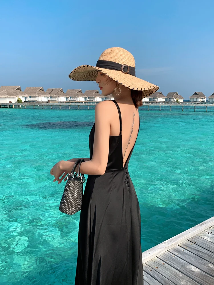 

Beach Skirt Seaside Holiday Skirt Open Back Sexy Suspender Skirt Long Dress Women's Summer