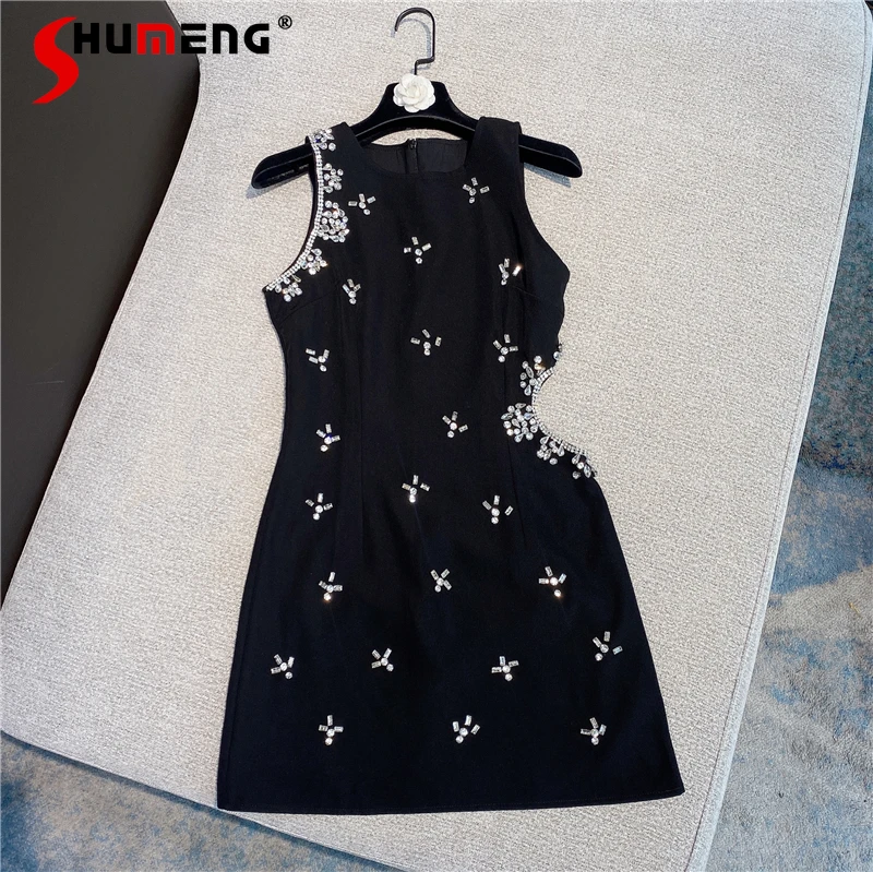 

2021 Summer New Fashion Sexy Hollow out Rhinestone Flower Dress Women's Round Neck Sleeveless Slimming Short Dress Ladies