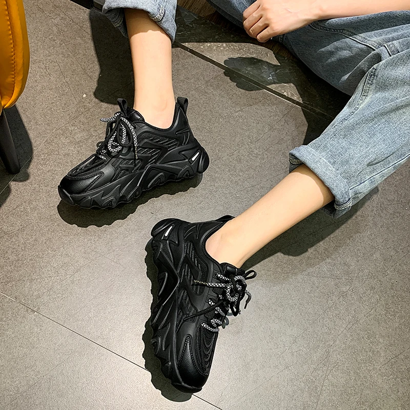 

2020 Black Women Sneakers Woman Vulcanize Shoes Platforms Lace-Up Chunky Shoe Running Female Thick High Quality Sneaker