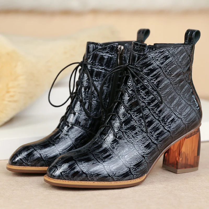 New High Quality Women Ankle Boots Hand-made Genuine Leather 7cm heels Woman Toe lace up Shoes Female Footwear | Обувь