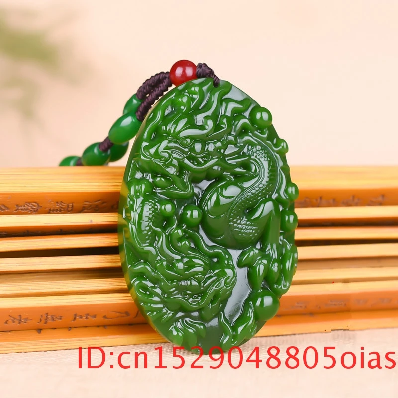 Китайский Натуральный дракон зеленый нефрит кулон бусины ожерелье ручной резки