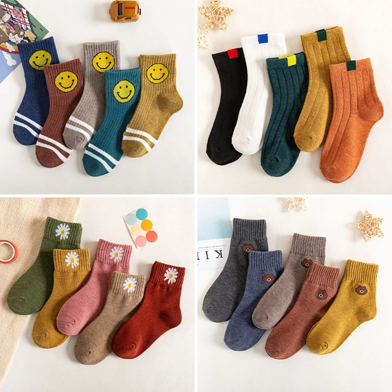 Calcetines gruesos de algod&oacute;n con dibujos animados para ni&ntilde;o feliz, para oto&ntilde;o e invierno, 5 pares, calcetines de ni&ntilde;as beb&eacute; de 1 a 12 a&ntilde;os calcetines deportivos ni&ntilde;os pack calcetines cortos ni&ntilde;os calcetines bebe 12 me-0