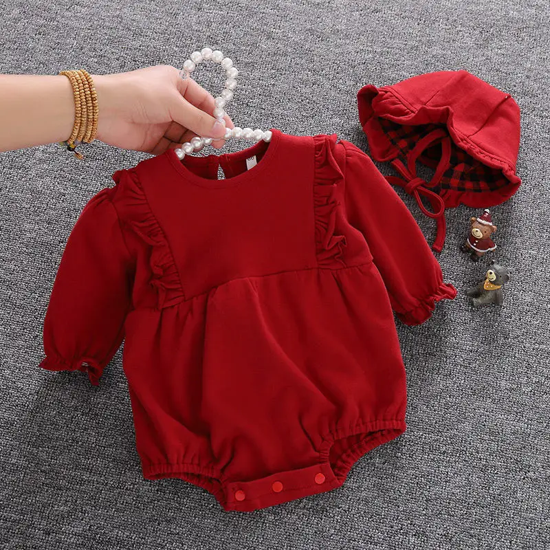 

2021 Christmas Red Sets Infant Toddler Baby Girl Romper Vintage Long Sleeve Neborn Girl Romper Jumpsuit Spring Autumn Baby Girl