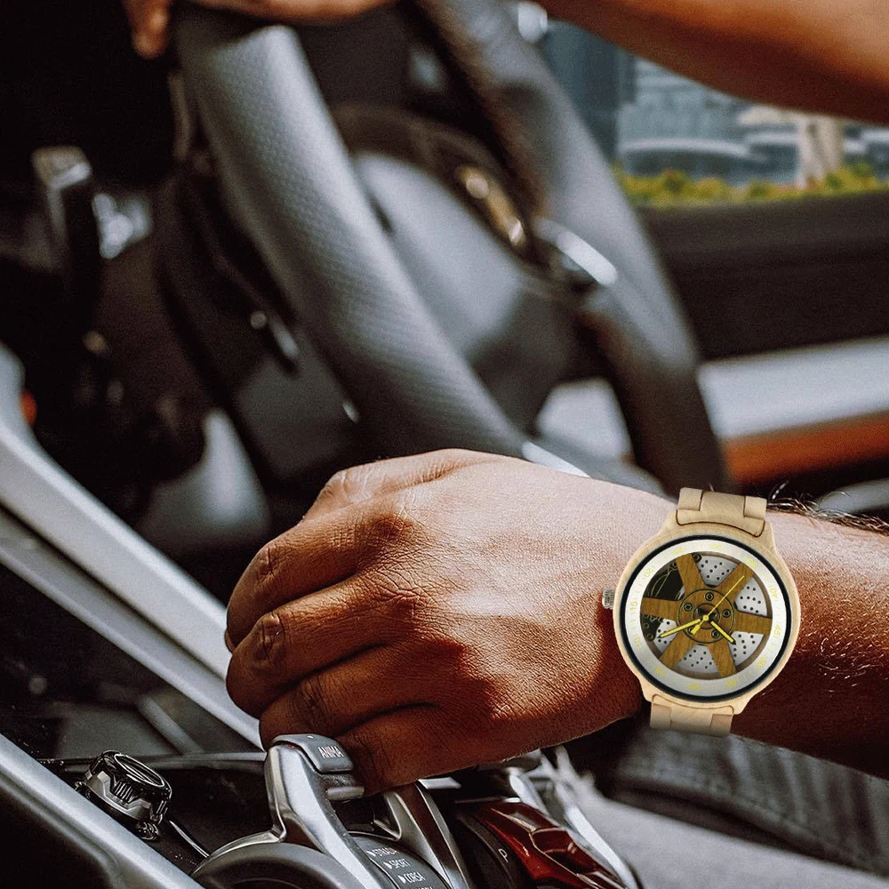 

Full Colorful Wooden Watch Fashion Wheel Hub Precise Scale Dial Design Mens Watches Clock Male Wooden Bangle Quartz Wristwatches