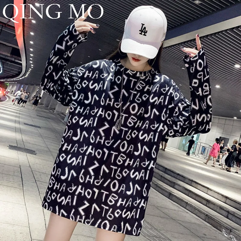 Женская Повседневная футболка QING MO черная хлопковая с длинным рукавом и круглым