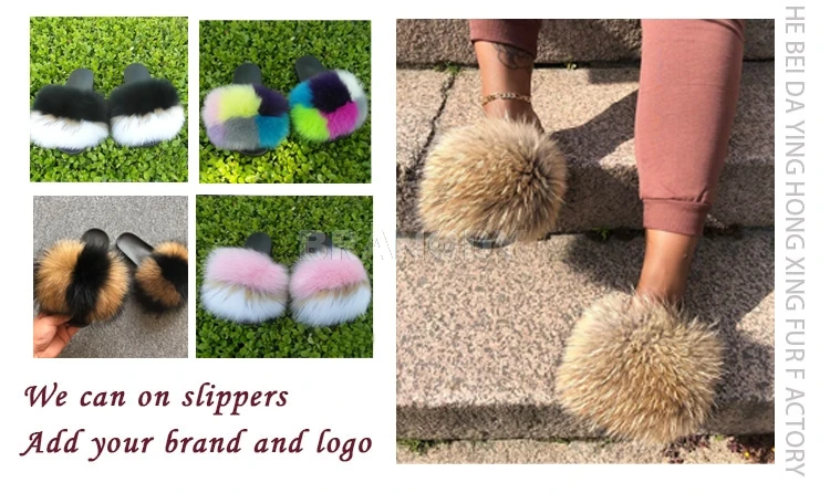 

Real Raccoon Fur Slippers Women 2021 Sliders Casual Fox Hair Flat Fluffy Fashion Home Summer Big Size 45 Furry Flip Flops Shoes