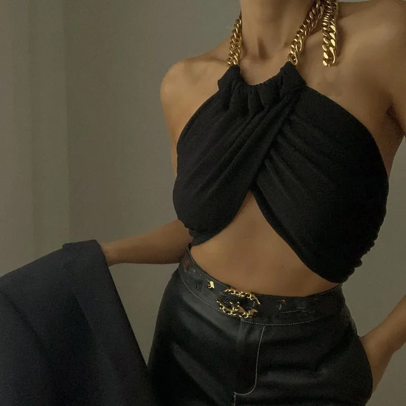 

2021 Fashion Summer Chic Chain Halter Neck Crop Tops for Women Black Backless Cropped Top Feminino Tank Tops Streetwear