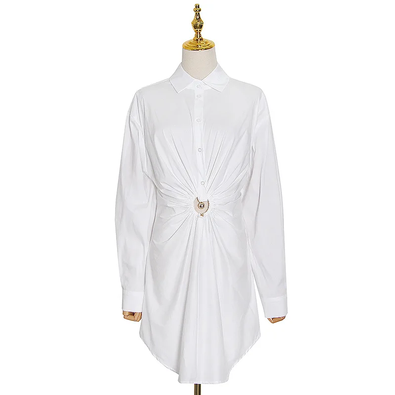 

Small design summer new small fresh slim personality Joker waist pleated hollow shirt dress women