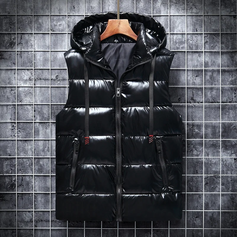 

Black Grey Waistcoat Men Hat Detachable Autumn Winter Casual Vests For Men Warm Down Vest With Hood Sleeveless Coat