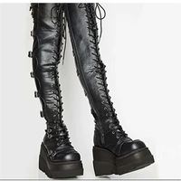 ins hot 2021 brand new gothic street womens knee high boots platform wedges high heels buckle boots for women punk shoes woman