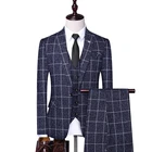 (Пиджак + жилет + брюки) 2021 мужской Клетчатый деловой пиджакмужской облегающий костюм из трех предметов из чистого хлопкаМужское клетчатое платье жениха S-4XL