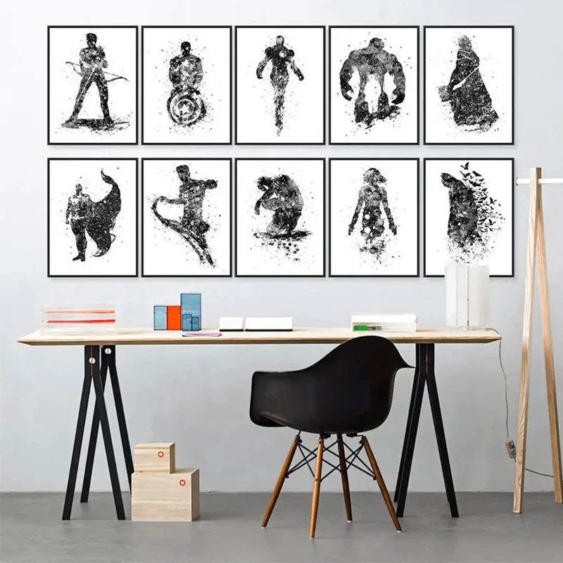 

Black Widow White Watercolor Super Hero America Canvas Art Pop Movie Posters Abstract Wall Pictures Kids Boy Fan Room Decor