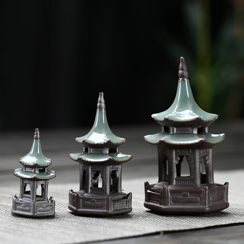 

Tea Pet Ornaments Octagonal Pagoda Feng Shui Mini Garden Accessories Ceramic Decorations for Home Decore Black Tea Play