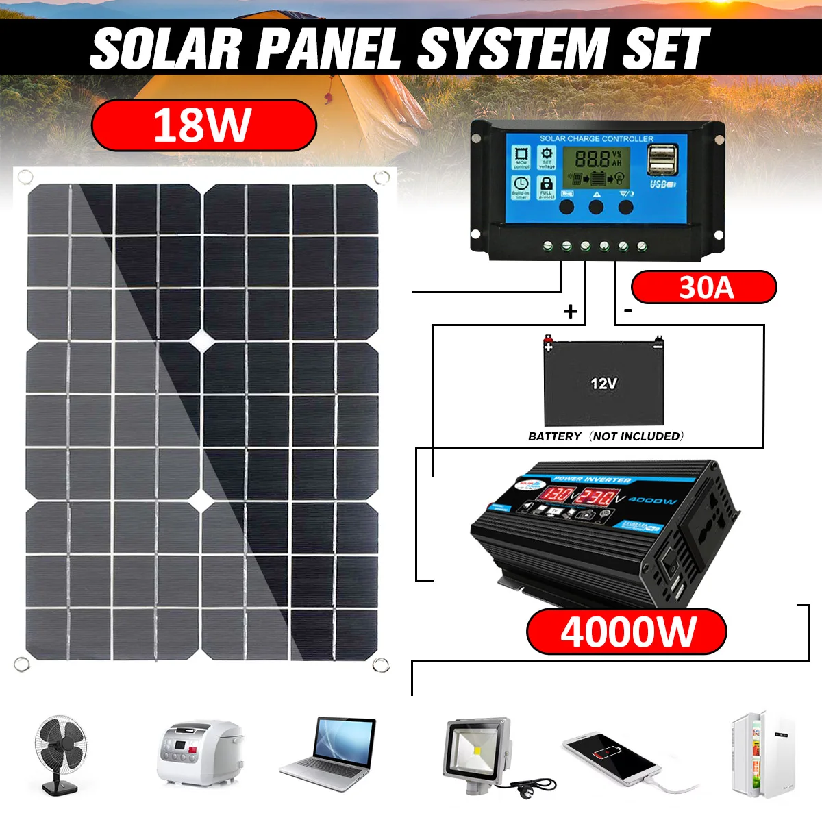 

110/220V Solar Power System 18W Solar Panel Battery Charger 4000W Inverter 30A Charge Controller Complete Power Generation Kit