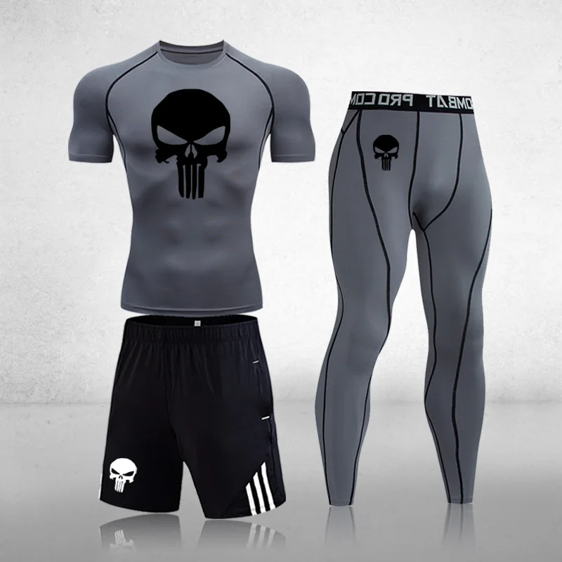 

3-Piece Set Of Four Seasons Short Sleeve Running T-Shirt Men's Fitness Training Tights Gym Muscle Jogging Top Sports Clothing