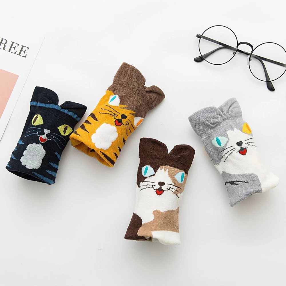 10 Pairs Cute Woman Socks Ladies Comfortable Soft Cotton Casual Long Socks Female Novelty Cartoon Cat Funny Socks Autumn Winter