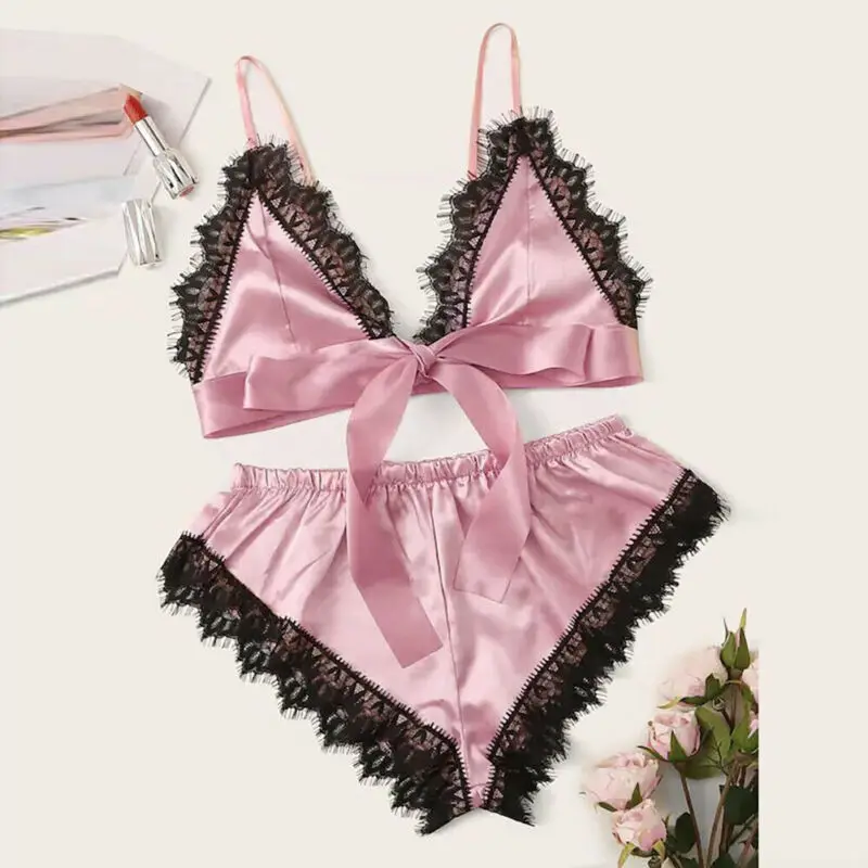 

2pcs Women Sexy Satin Lace Sleepwear Babydoll Lingerie Nightdress Pajamas Set US