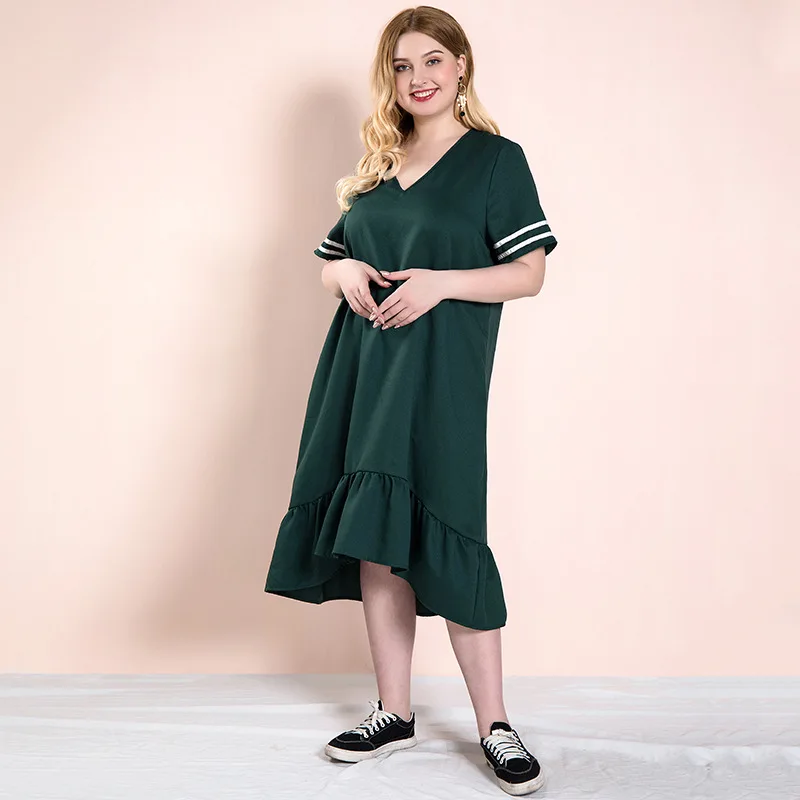 Женское Свободное платье с коротким рукавом Зеленое Длинное Платье V-образным