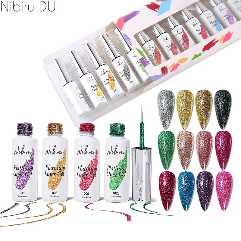 

New 12pcs/set Gel Liner Nail Polish Kit For Hook Line Painting Gel Semi-permanent Varnish Platinum Gel Nail Art Liner Color Set