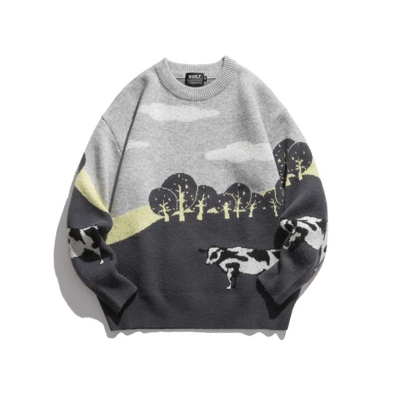 

2021 Korean Fashion Cows Vintage Men Winter Knitted Sweater Pullover Daily Casual Harajuku Women Warm Knitwear Sueter Masculino