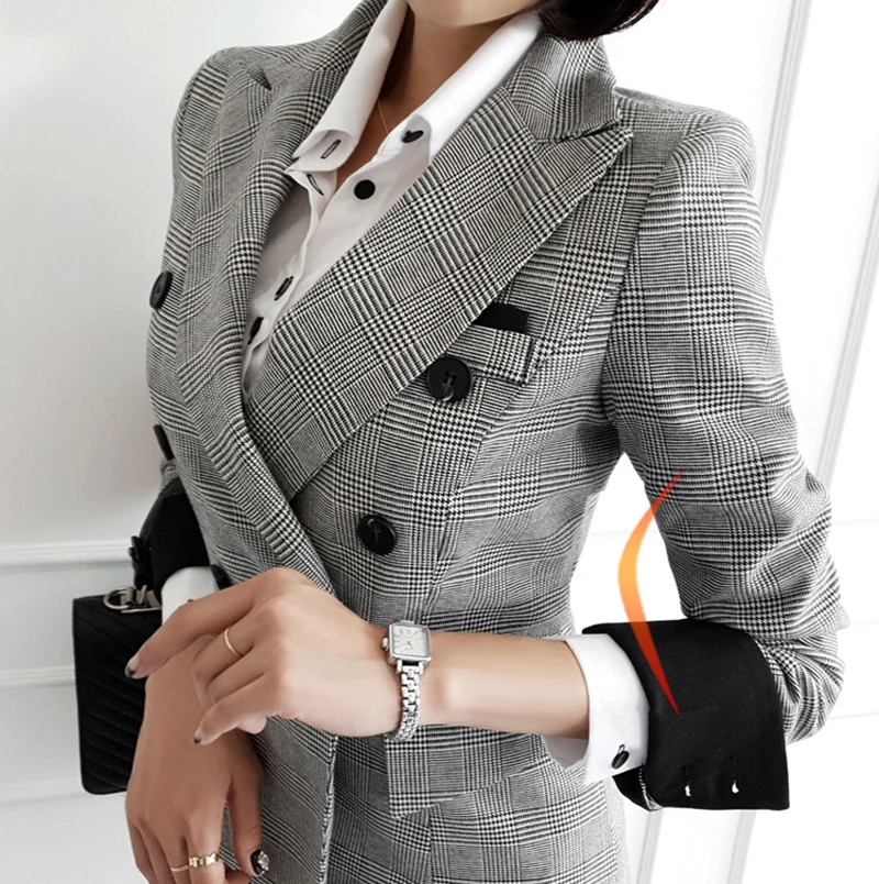 Mozuleva винтажный клетчатый двубортный Женский блейзер костюм набор тонкие женские
