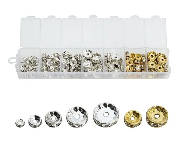 4 6 8 10 12mm mix size silver Gold Rhinestone Rondelles Crystal Bead Loose Spacer Beads for DIY Jewelry Making Accessories box