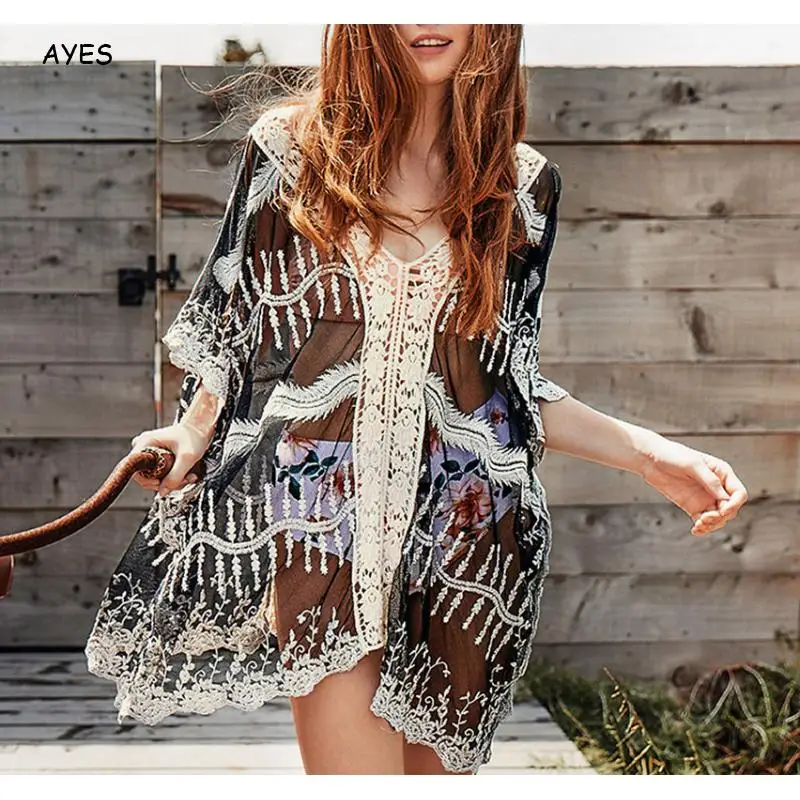 

Women Kimono Blouse Bikini Cover Up Bathing Suit Lace Hollow Out Blouse Half Sleeve Beach Wear Tunic Boho Pullover Long Shirt