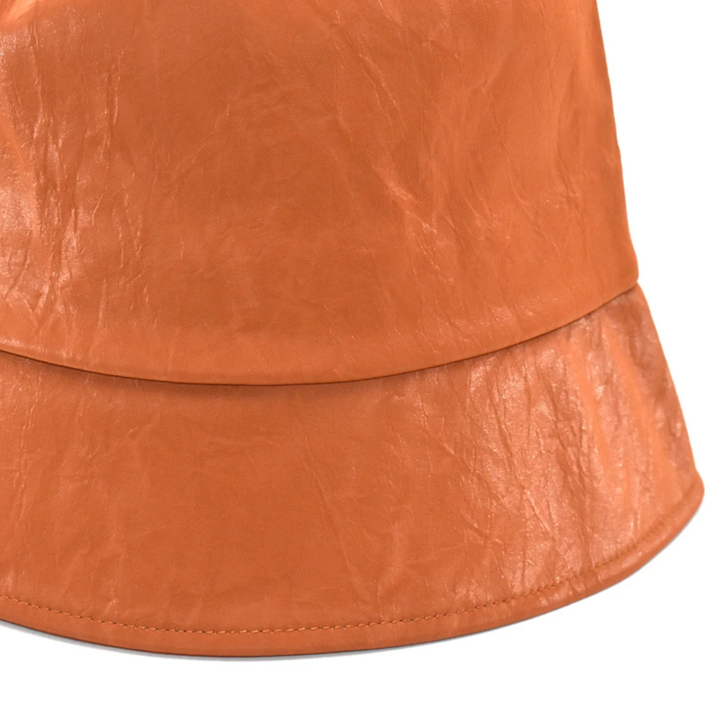 

FS 2021 Trendy Black Brown PU Bucket Hats For Men Women Streetwear Hip Hop Cap Solid Color Retro Leather Fisherman Hat Bob Femme