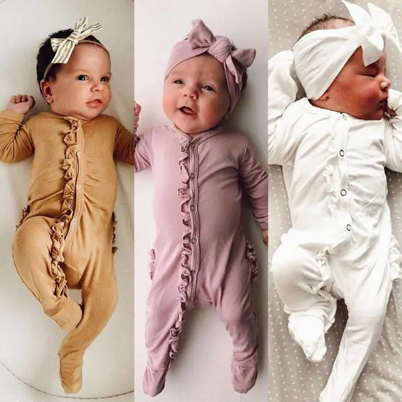 

Newborn Baby Boy Girl Autumn Clothes Solid Footies+Headband 2pcs Sleepwear Pyjamas