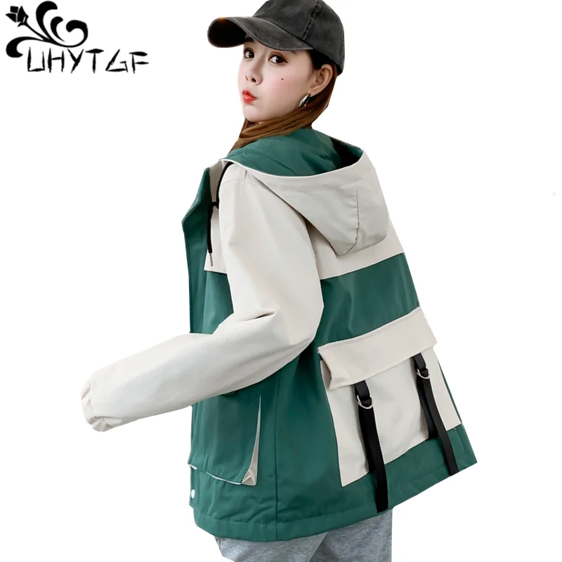 

UHYTGF Jacket women fashion color matching student spring autumn coat Korean loose plus size jacket hooded casual short coat 900