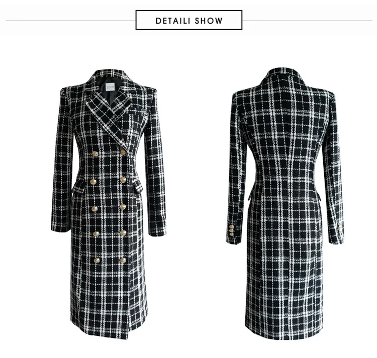 

Autumn High Quality Fashion Tweed Double-breasted Outerwear Winter Women Vintage Plaid Suit Collar Woolen Thick Warm Overcoat