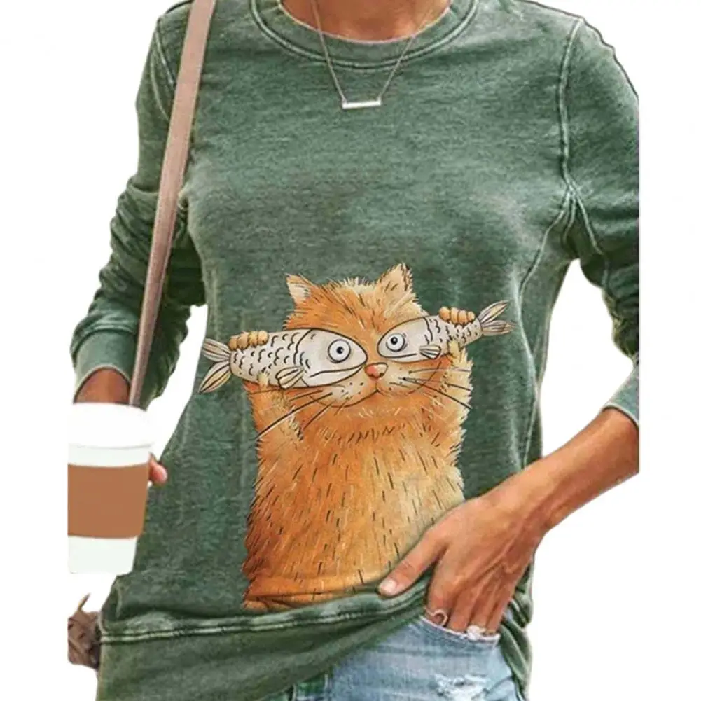 

Пуловер женский, с принтом в виде кошек, с длинным рукавом и круглым вырезом, Повседневный, женская летняя футболка, 2021