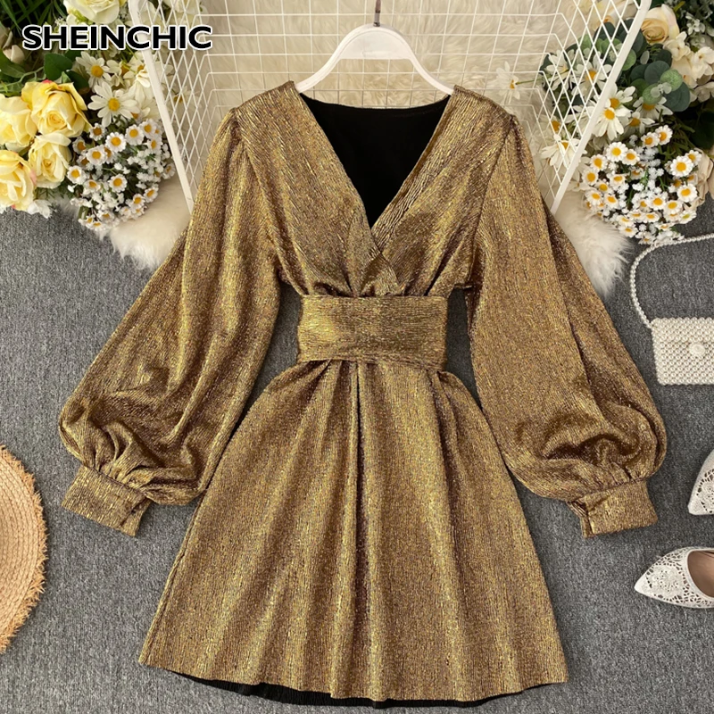 Женское мини платье с длинным рукавом элегантное блестящее трапеция глубоким v