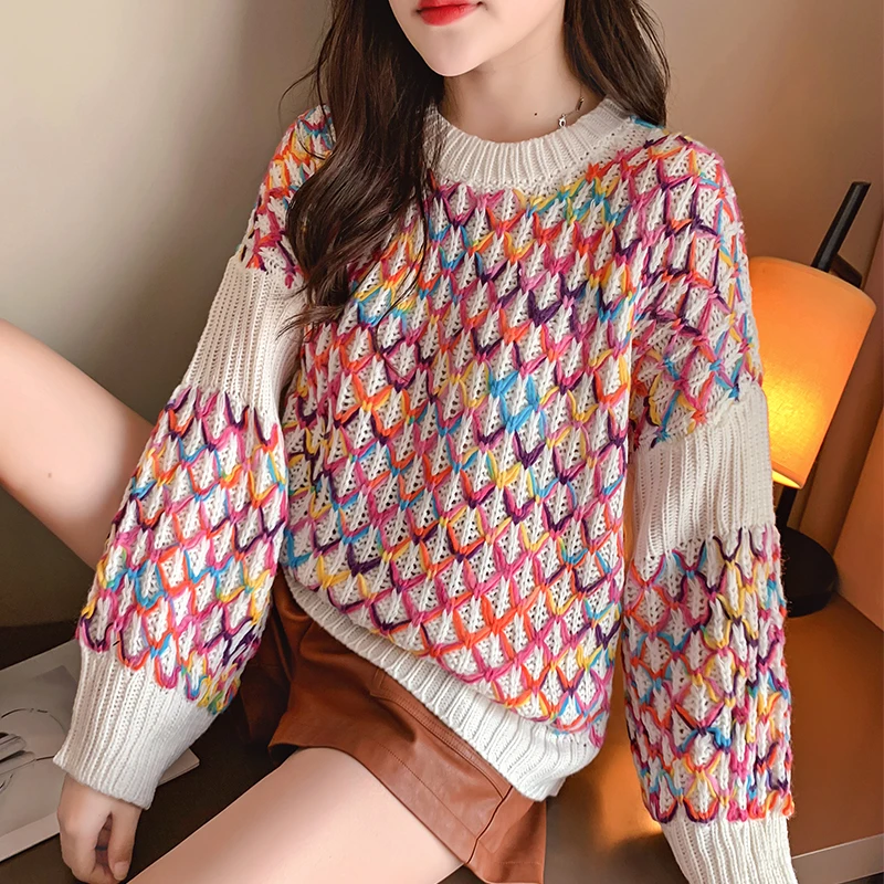 Женский укороченный Свитер оверсайз Свободный пуловер в клетку с круглым