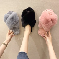 2021 winter home furry slippers women soft plush slides non slip female fluffy hairy warm shoes indoor faux fur cross flip flops