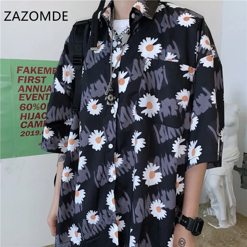 Рубашка ZAZOMDR мужская с принтом маргариток модная винтажная блуза оверсайз