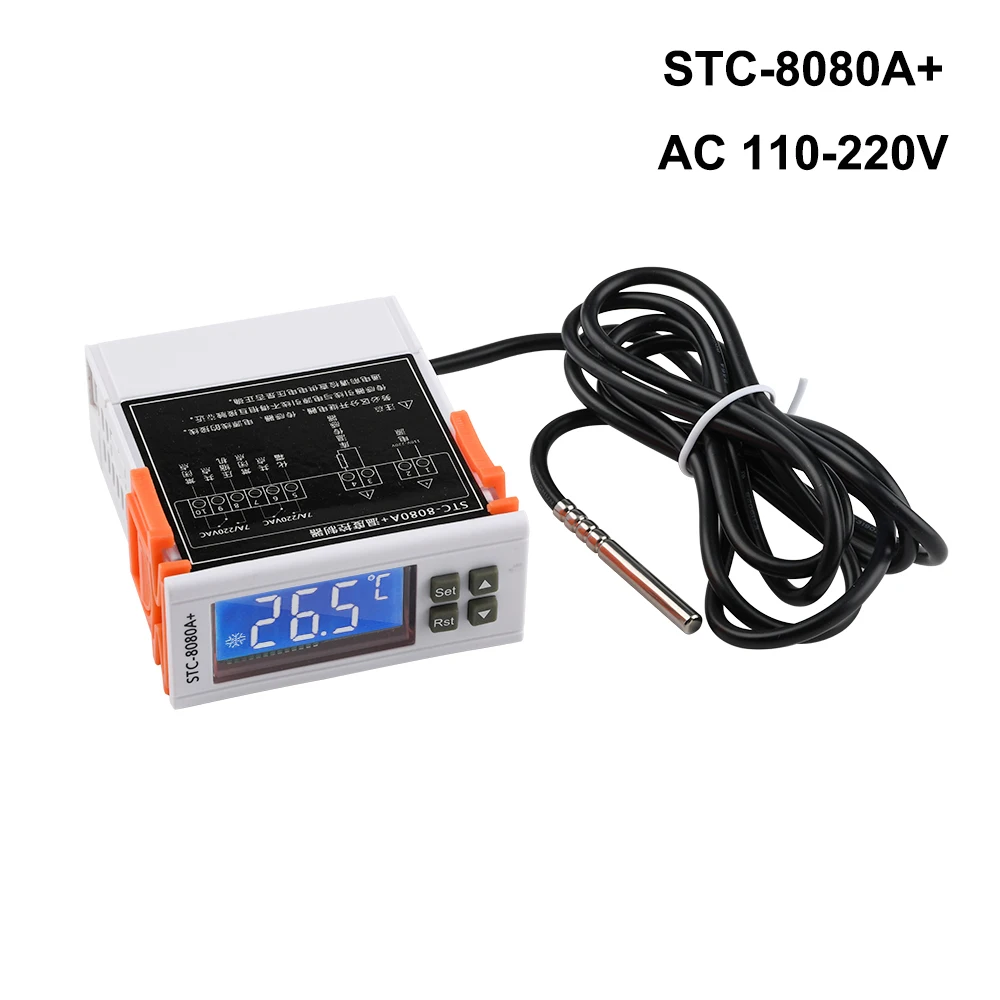 

Цифровой регулятор температуры STC-8080A +, 12 В, 24 В, 110 В, 220 В, регулятор термостата для размораживания, охлаждающий Терморегулятор с датчиком