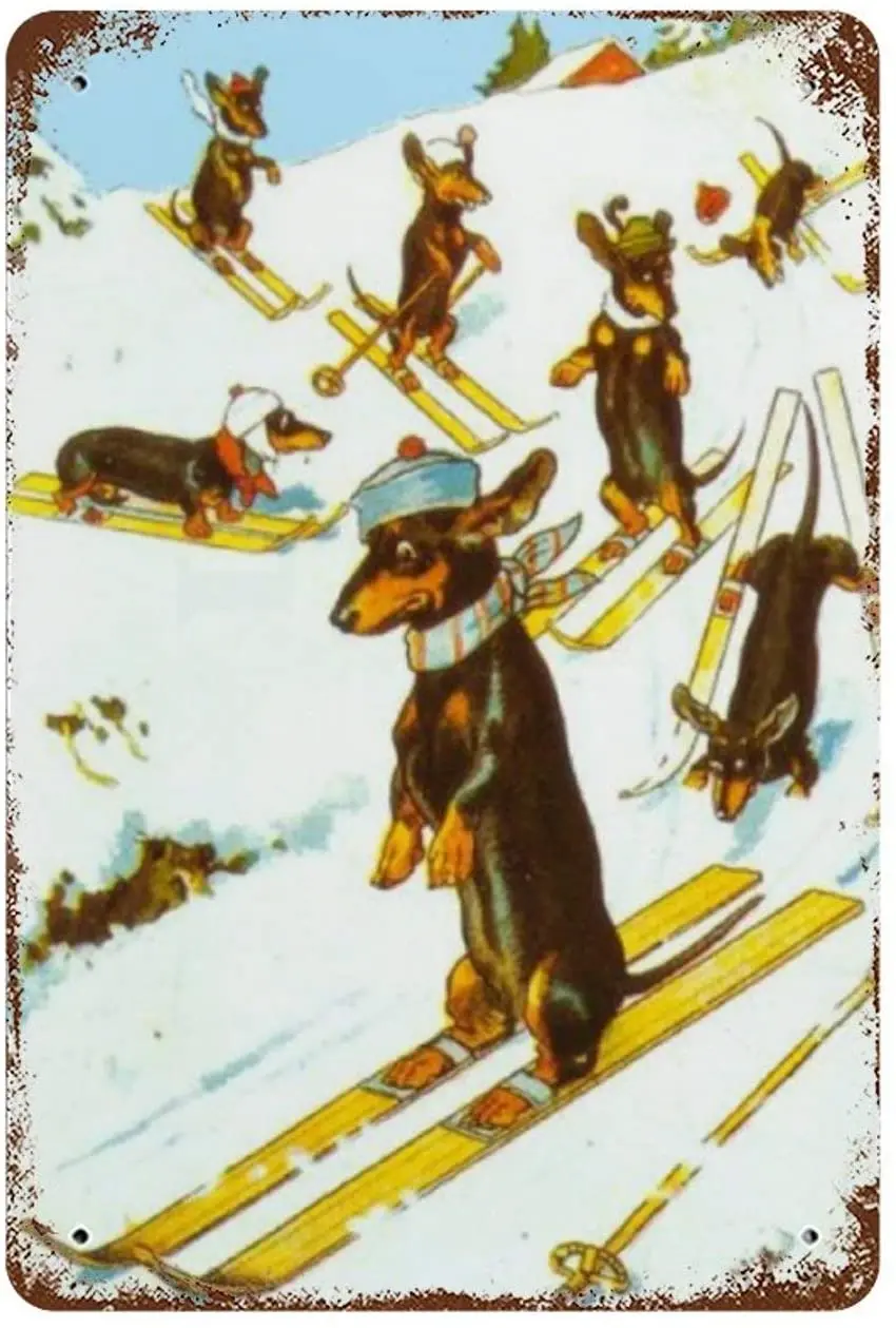 

Retro Vintage Metal Tin Sign Dachshund Dogs Skiing Vintage Illustration Wall Plaque Poster Cafe Bar Beer Pub