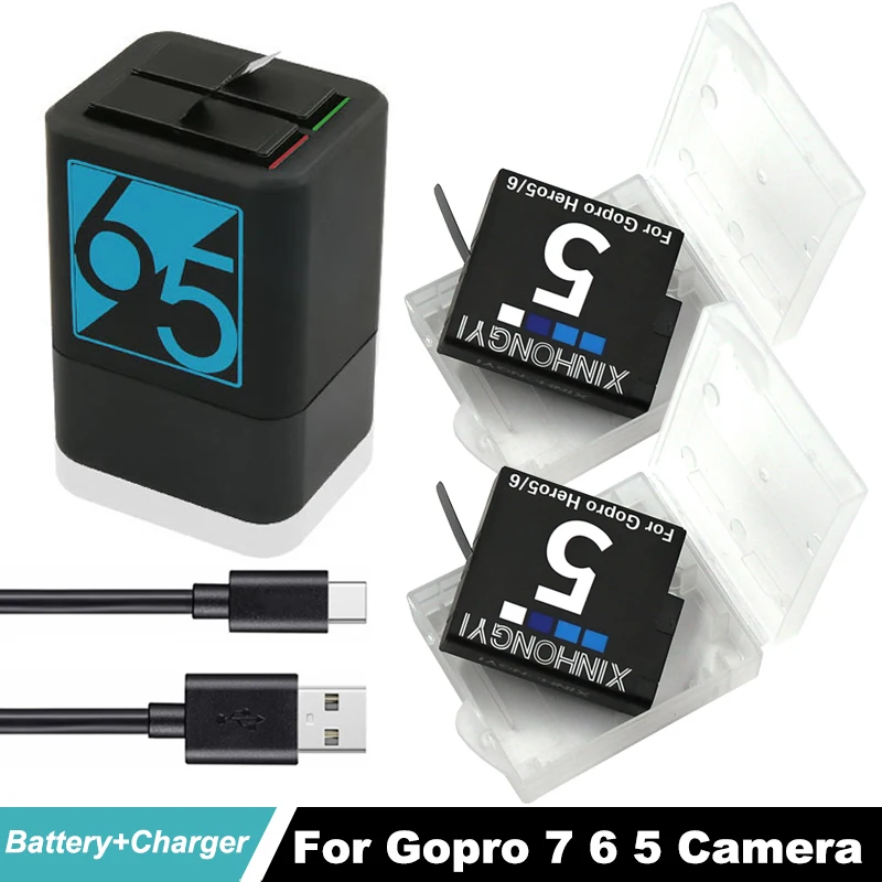 2x1600mAh аккумуляторная батарея Go Pro Hero7 + Hero5 usb двойное зарядное устройство для GoPro 5