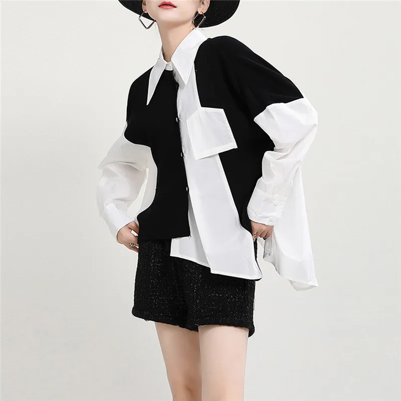 

Johnature New Fashion Striped Patchwork Womens Tops And Blouses 2021 Spring Autumn Loose Irregular Female Shirts