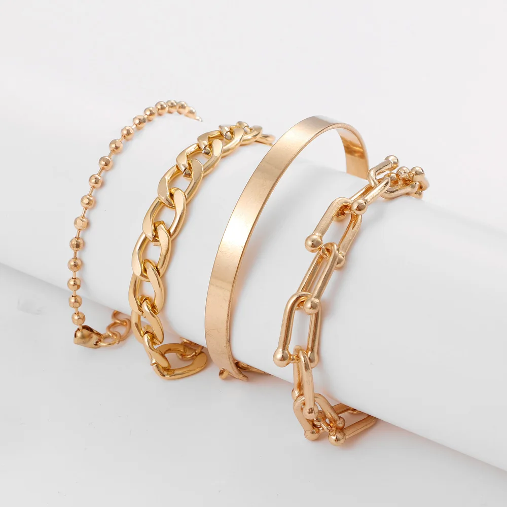 

Punk Style U-Shaped Buckle Round Bead Bracelet For Women 4-Piece/Set Metal Chain Fashion Alloy Bracelets Jewelry Accessories