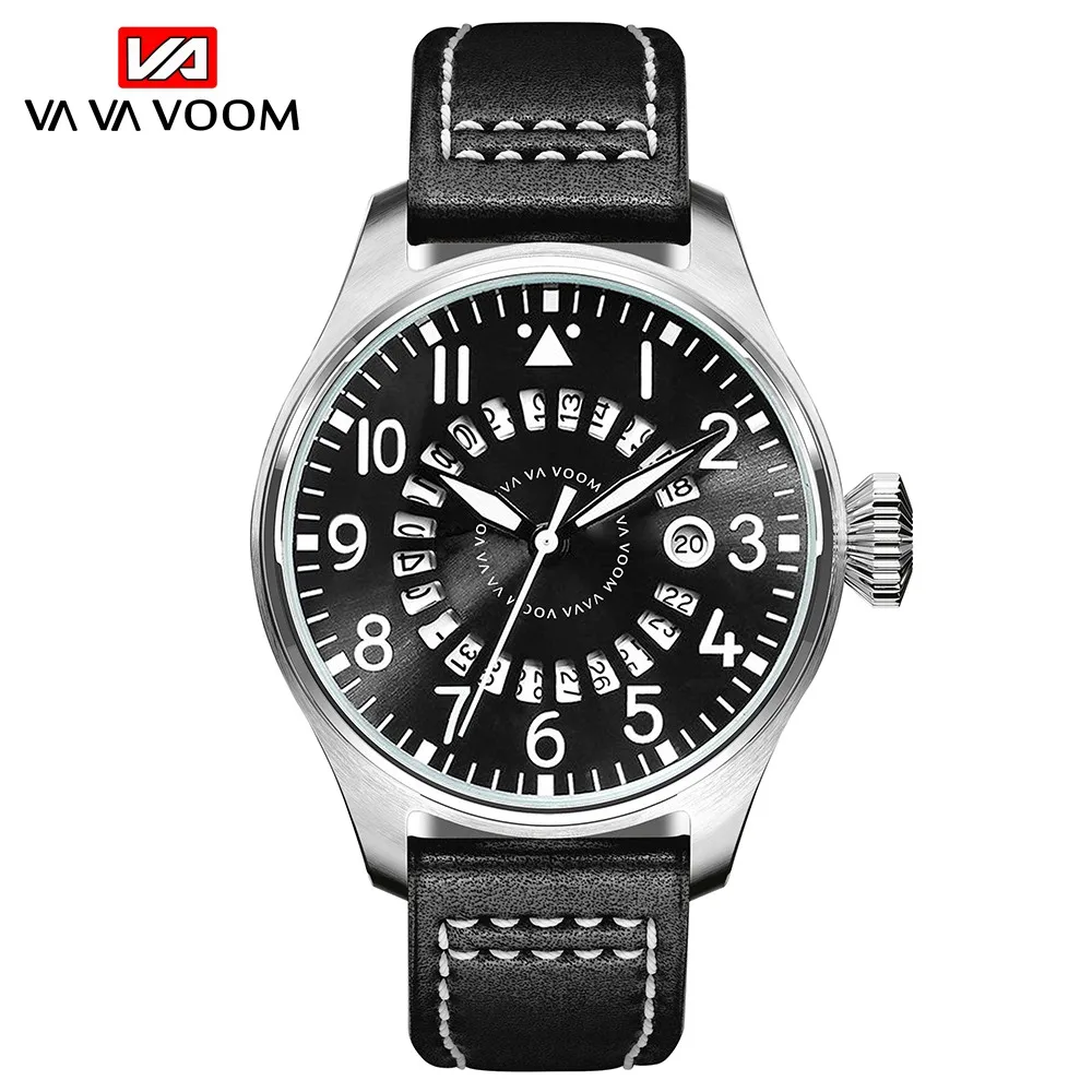 

VA VA VOOM Luxury Men's Fashion Business Calendar Watches Leather Waterproof Pilot Watch Analog Quartz Watch Relogio Masculino