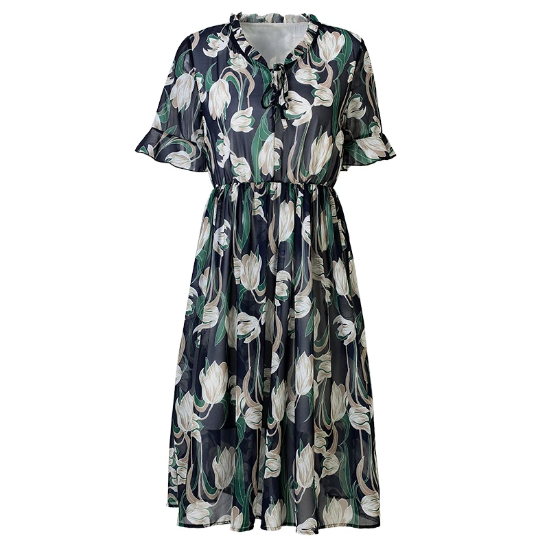 Женское летнее пляжное платье в стиле бохо элегантное средней длины с цветочным