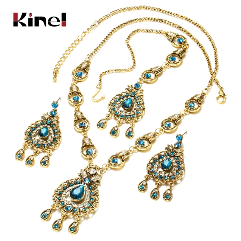 

From India Vintage Look Jewelry Sets Pendants Necklace Earring For Women Gold-Color Mosaic Blue Crystal Party Gifts