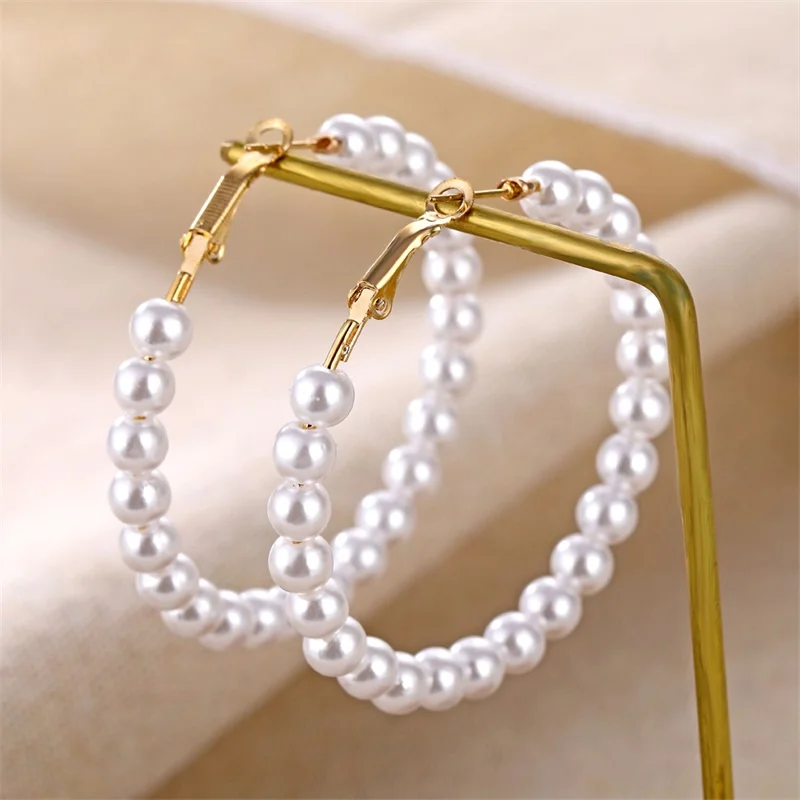 FAMSHIN Boho White Imitation Pearl Round Circle Hoop Earrings Women Gold Color Big Earings Jewelry Brincos Statement Earring | Украшения и