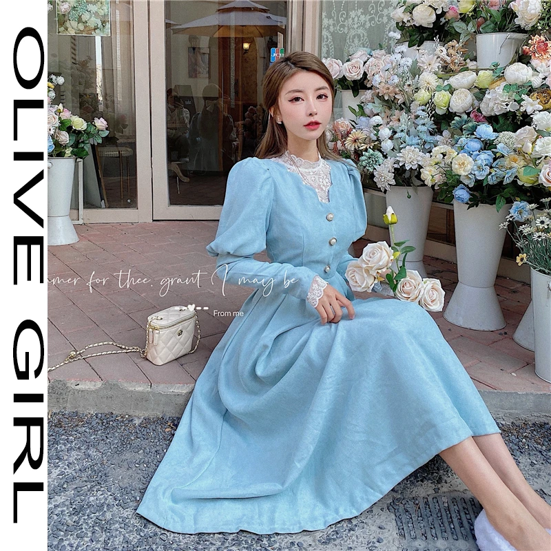 

Однотонное элегантное платье, повседневное милое корейское платье во французском стиле, женское весеннее кружевное праздвечерние чное пла...